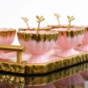 Blush Porcelain Dessert Serving Set with Gold Tray – 13 Pieces