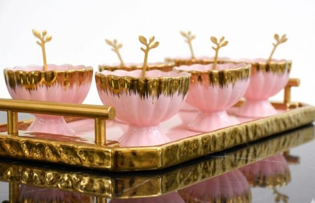 Blush Porcelain Dessert Serving Set with Gold Tray – 13 Pieces
